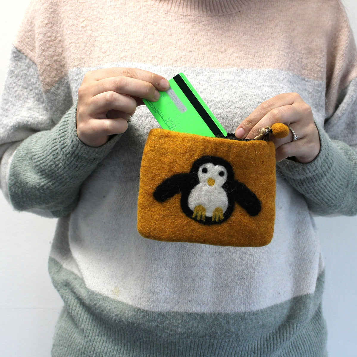 Natural Felt Zipper Pouches - Cute Penguin