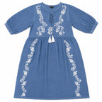 Nomad Sari On the Med Collection - Dress - Dusky Blue with Embroidery & Tassels (L-XL)