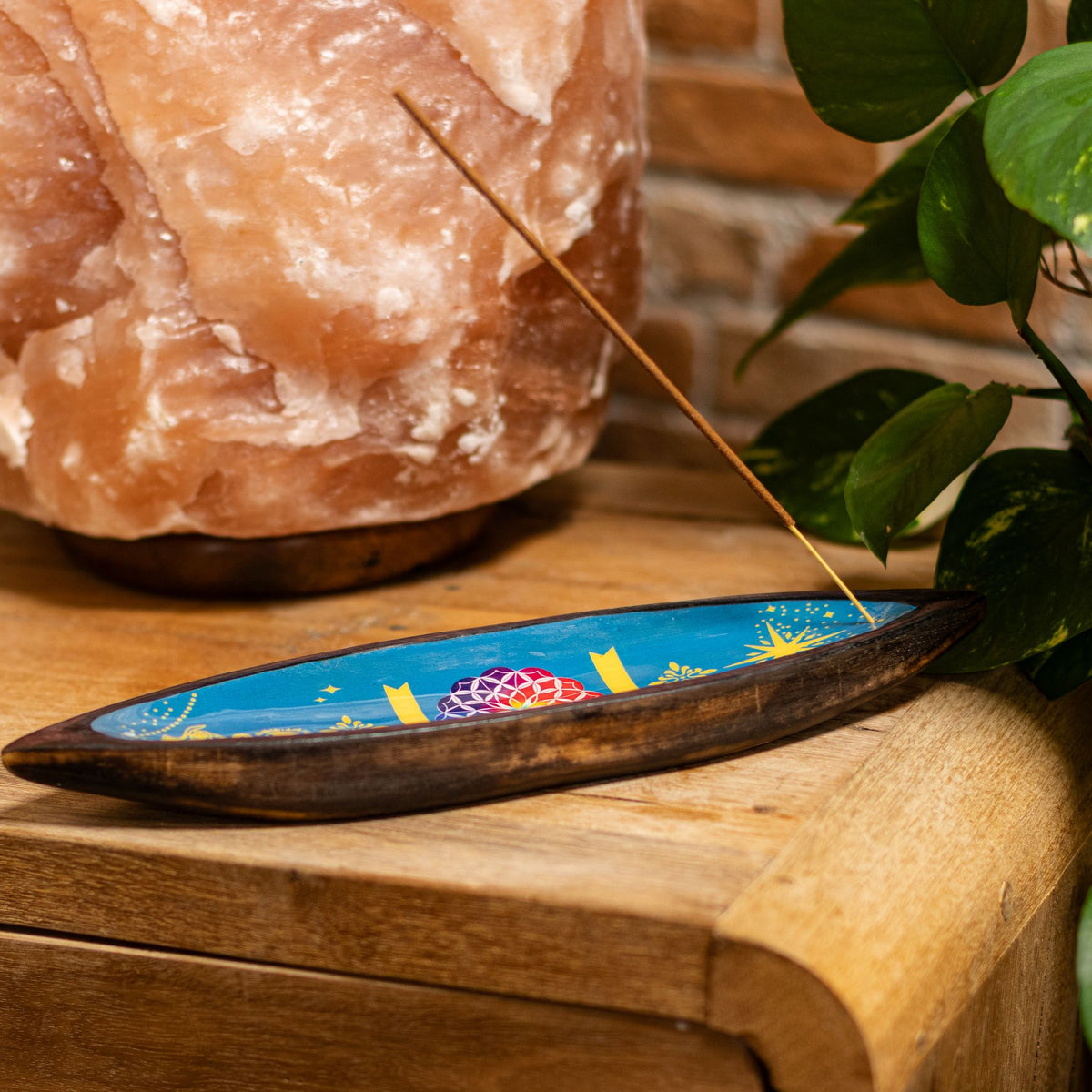 Enamel Incense Bowl - Mango Wood - Mandala