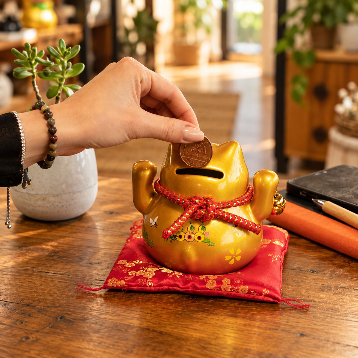 Ceramic Money Cat Bank - Gold on Cushion