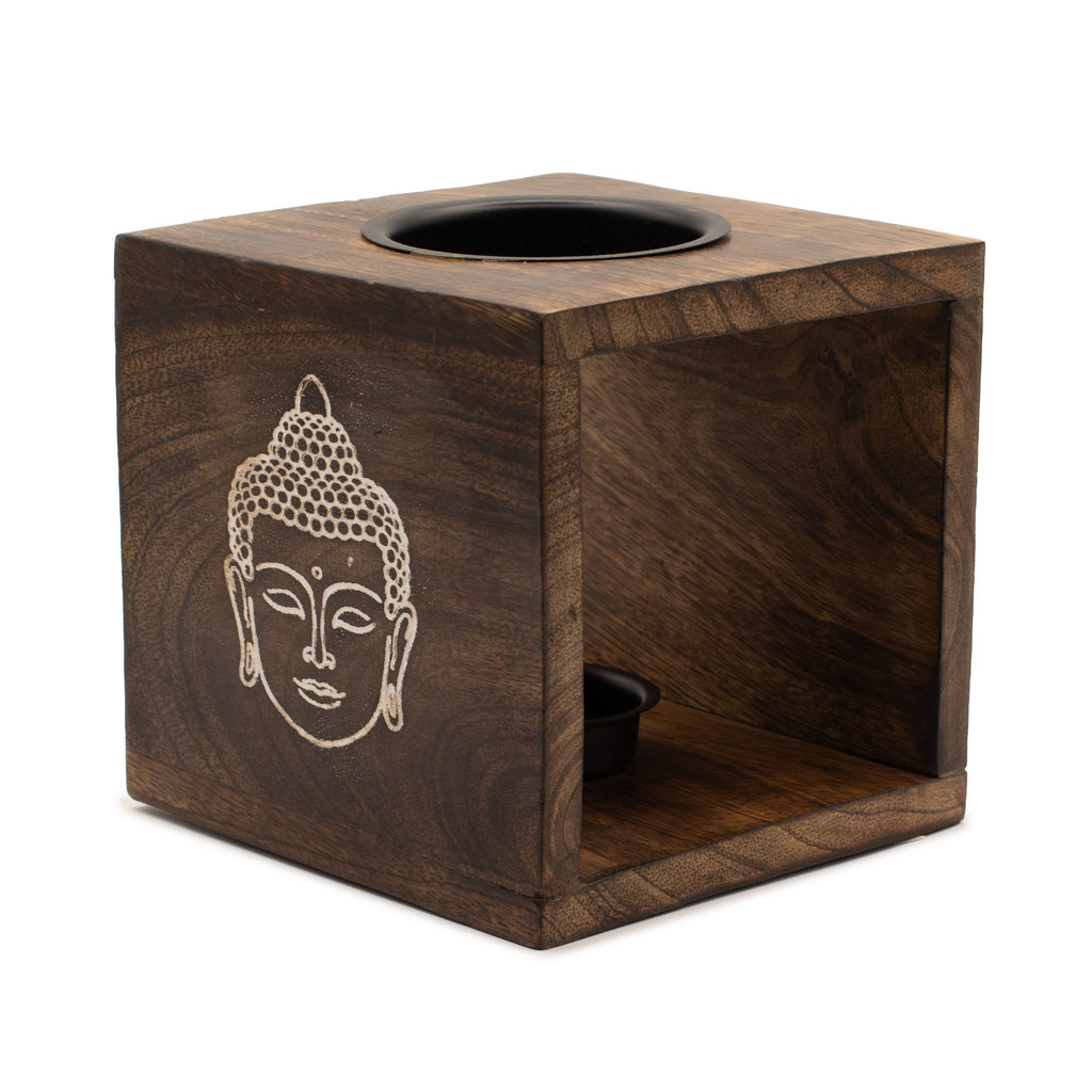 Large Square Mango Wood Oil Burner- Buddha Face