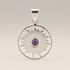 Indian Devotional Pendant - Silver Plated (45cm Cord)- Sun Worship Amethyst