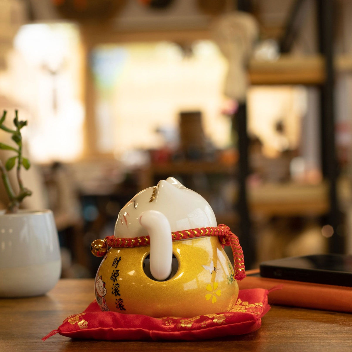 Ceramic Money Cat Moving Hand  - Gold on Cushion