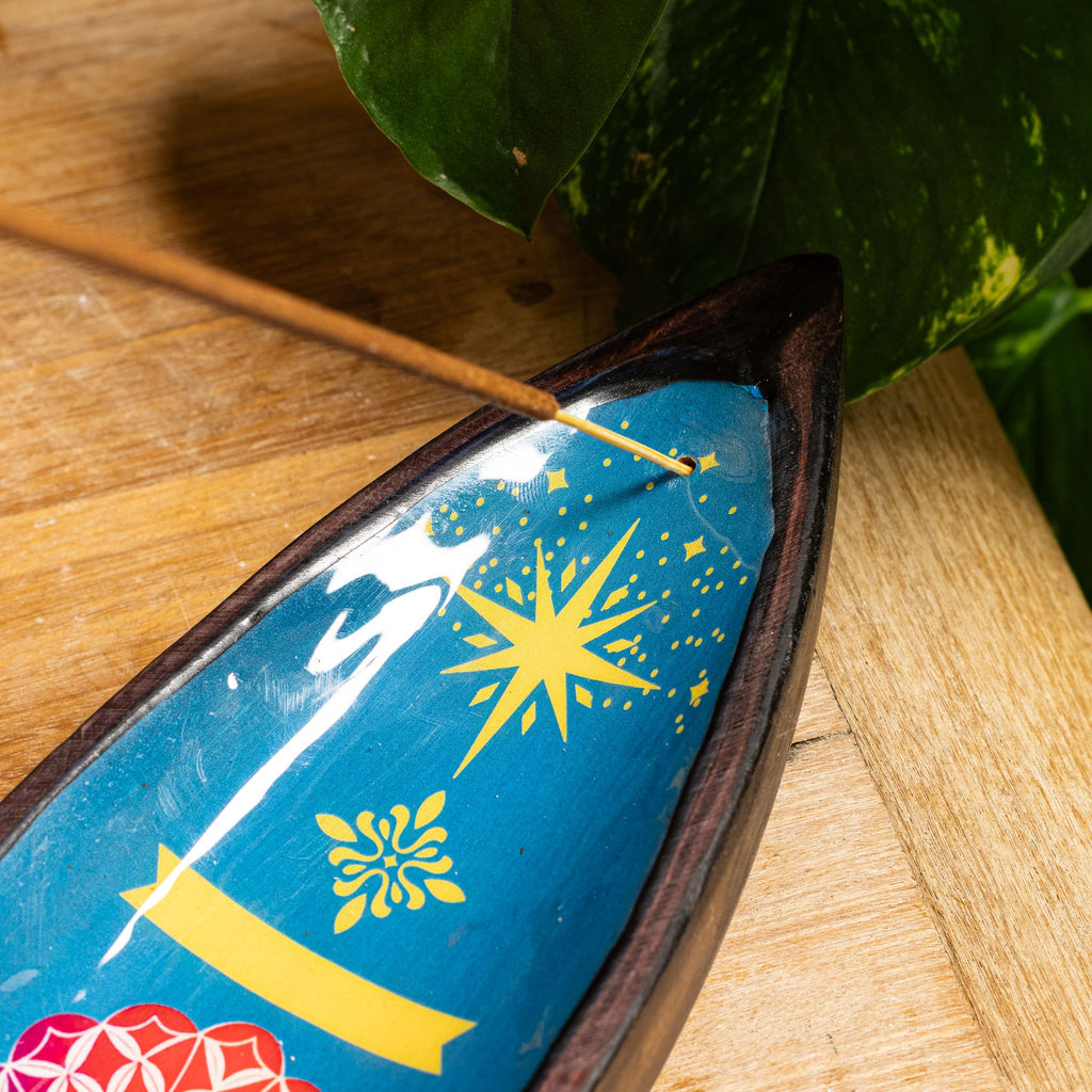 Enamel Incense Bowl - Mango Wood - Mandala