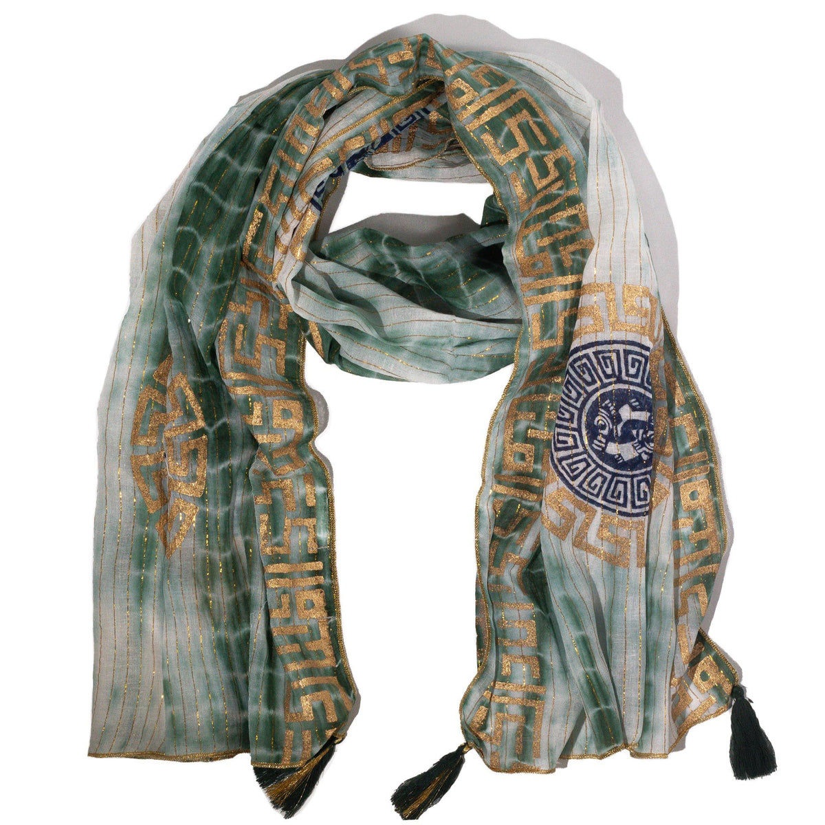 Nomad Sari Summer Marbella Print Scarf - Green with Gold  (180x50cm)