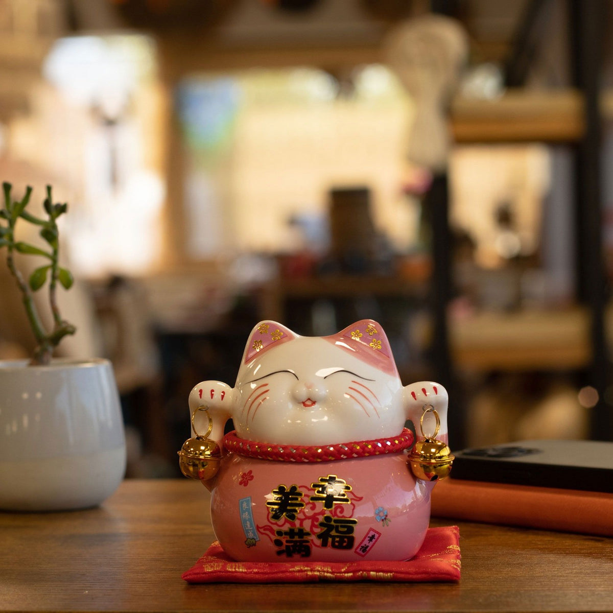 Ceramic Money Cat Bank - Pink on Cushion