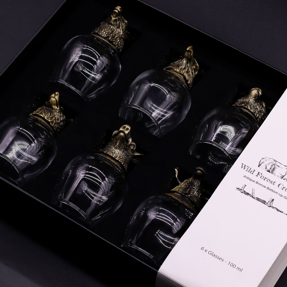 Gift Set of 6 Glasses (100ml) - Wild Forest Creatures - Antique Bronze
