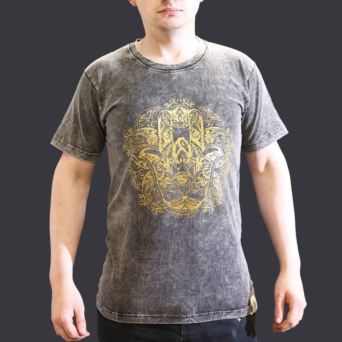 Nomad Sari Stonewashed Cotton T-Shirt â€“ Hamsa â€“ Dark Grey â€“ Small