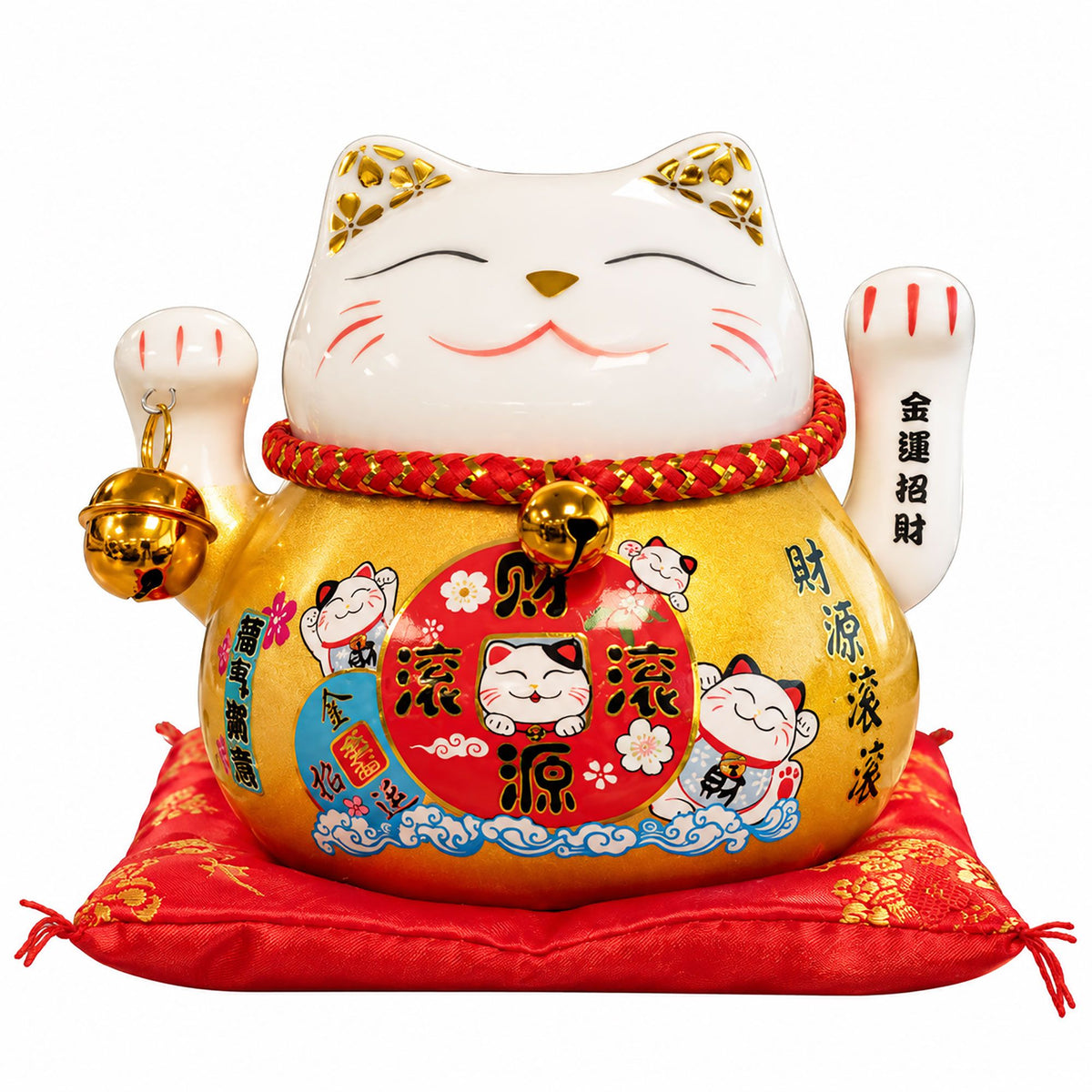 Ceramic Money Cat Moving Hand  - Gold on Cushion