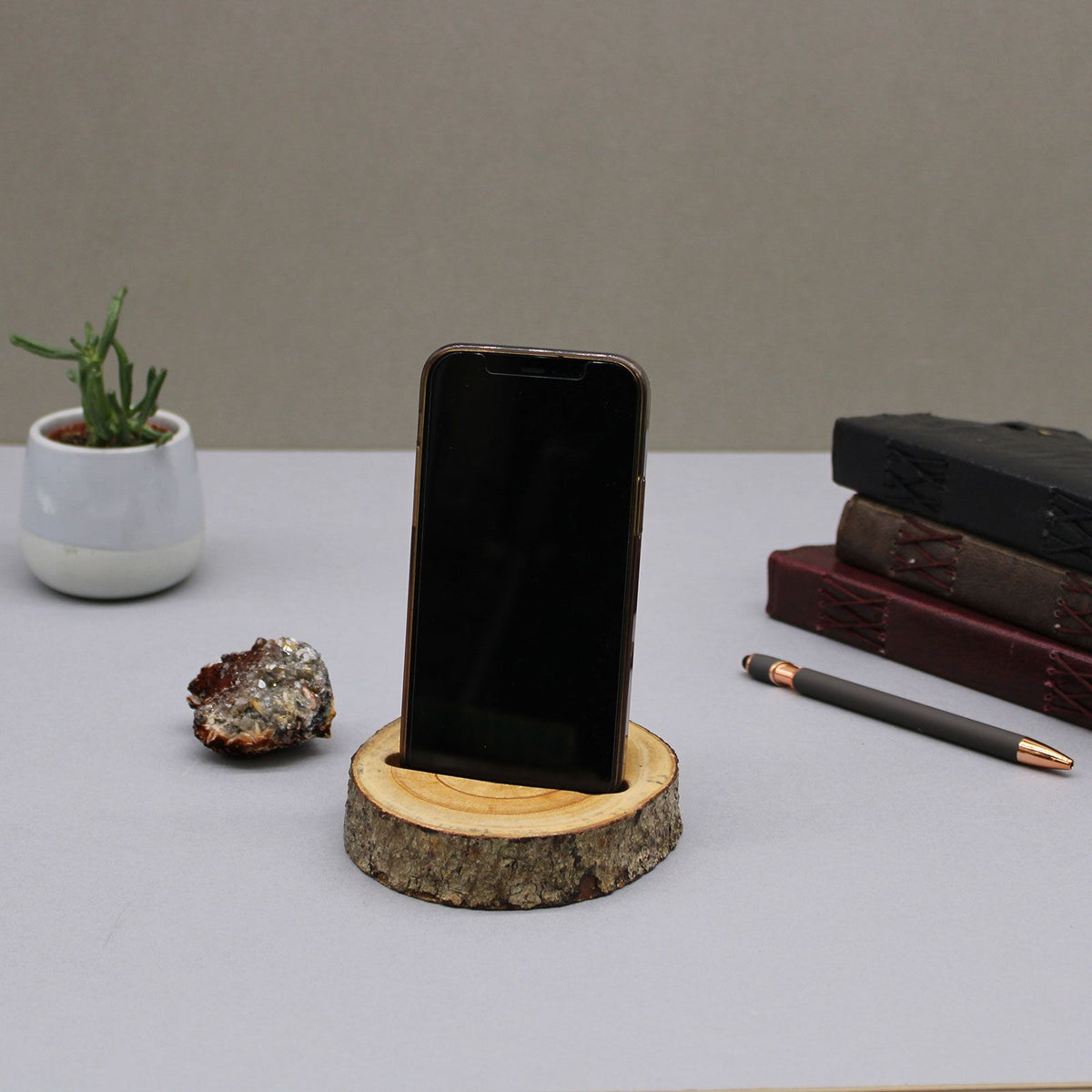Small Log Phone Holder (slot) - Natural - Wooden Phone Holders | Hearth & Amble