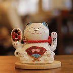 Solar Money Cat Wooden Base  - Blue moving Hand