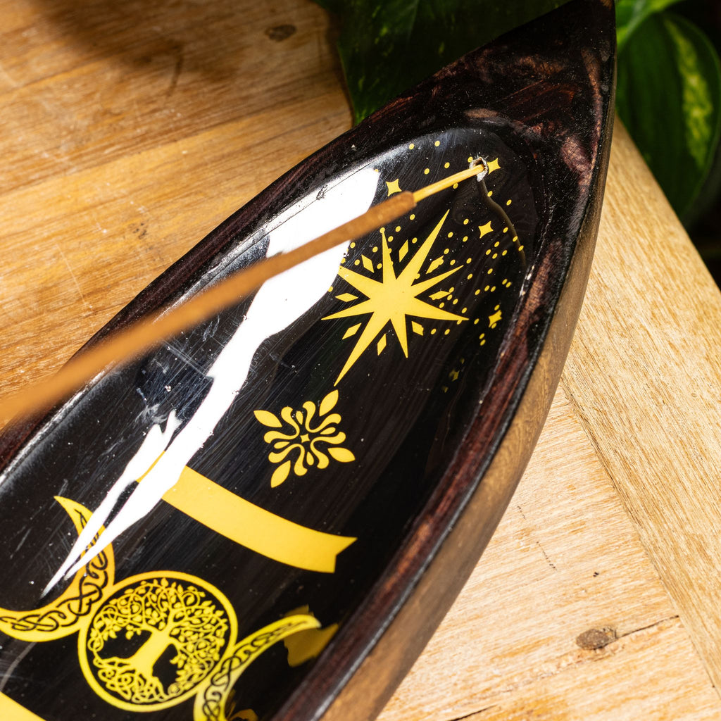 Enamel Incense Bowl - Mango Wood - Triple Moons