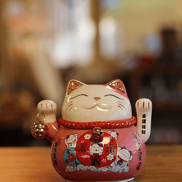 Ceramic Money Cat Moving Hand  - Pink on Cushion
