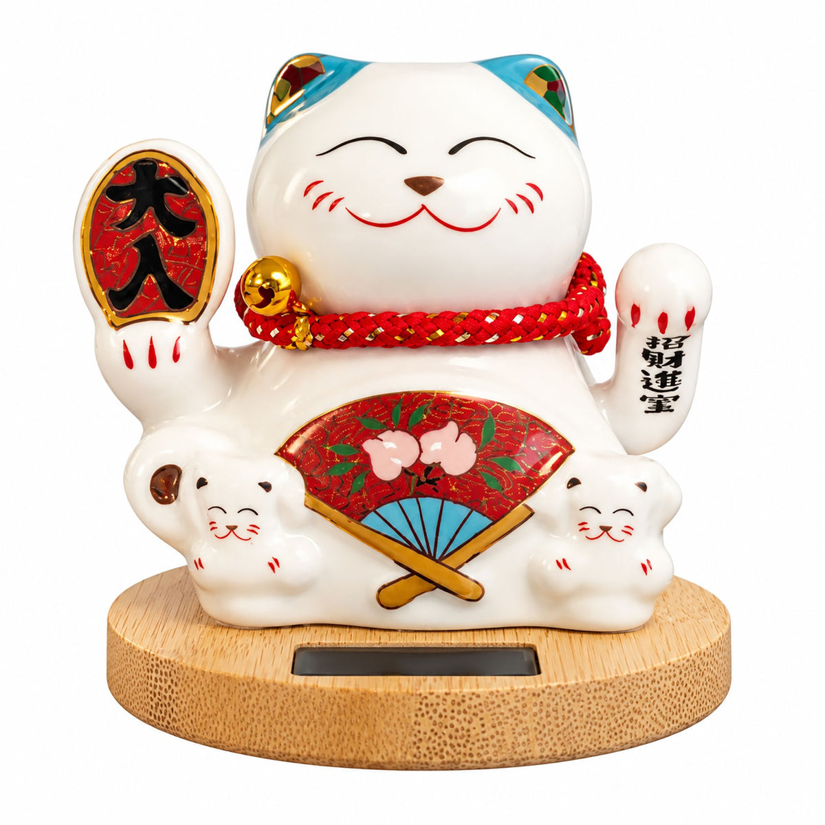 Solar Money Cat Wooden Base  - Blue moving Hand