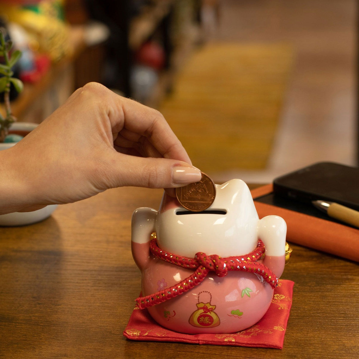 Ceramic Money Cat Bank - Pink on Cushion