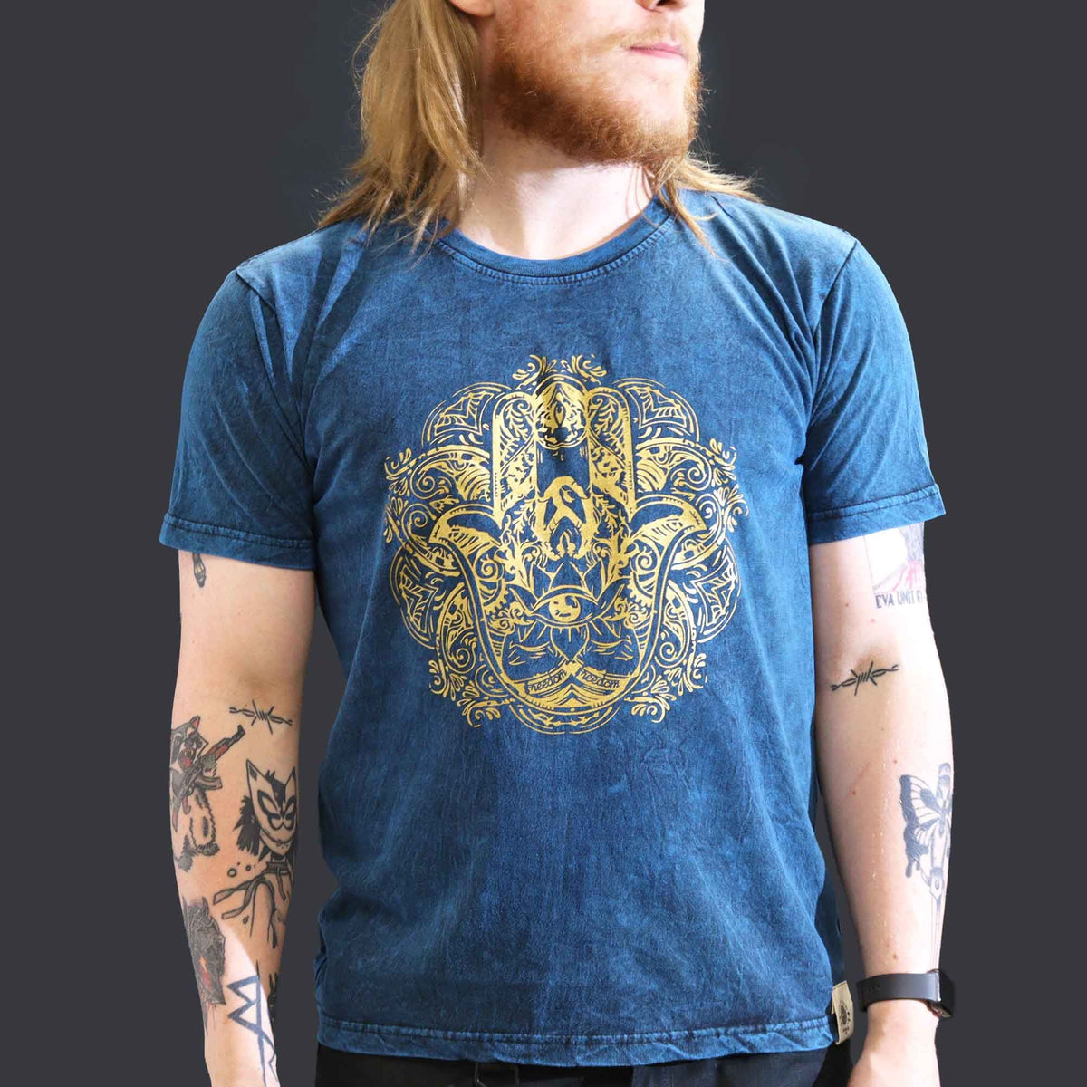 Nomad Sari Stonewashed Cotton T-Shirt â€“ Hamsa â€“ Blue â€“ Large