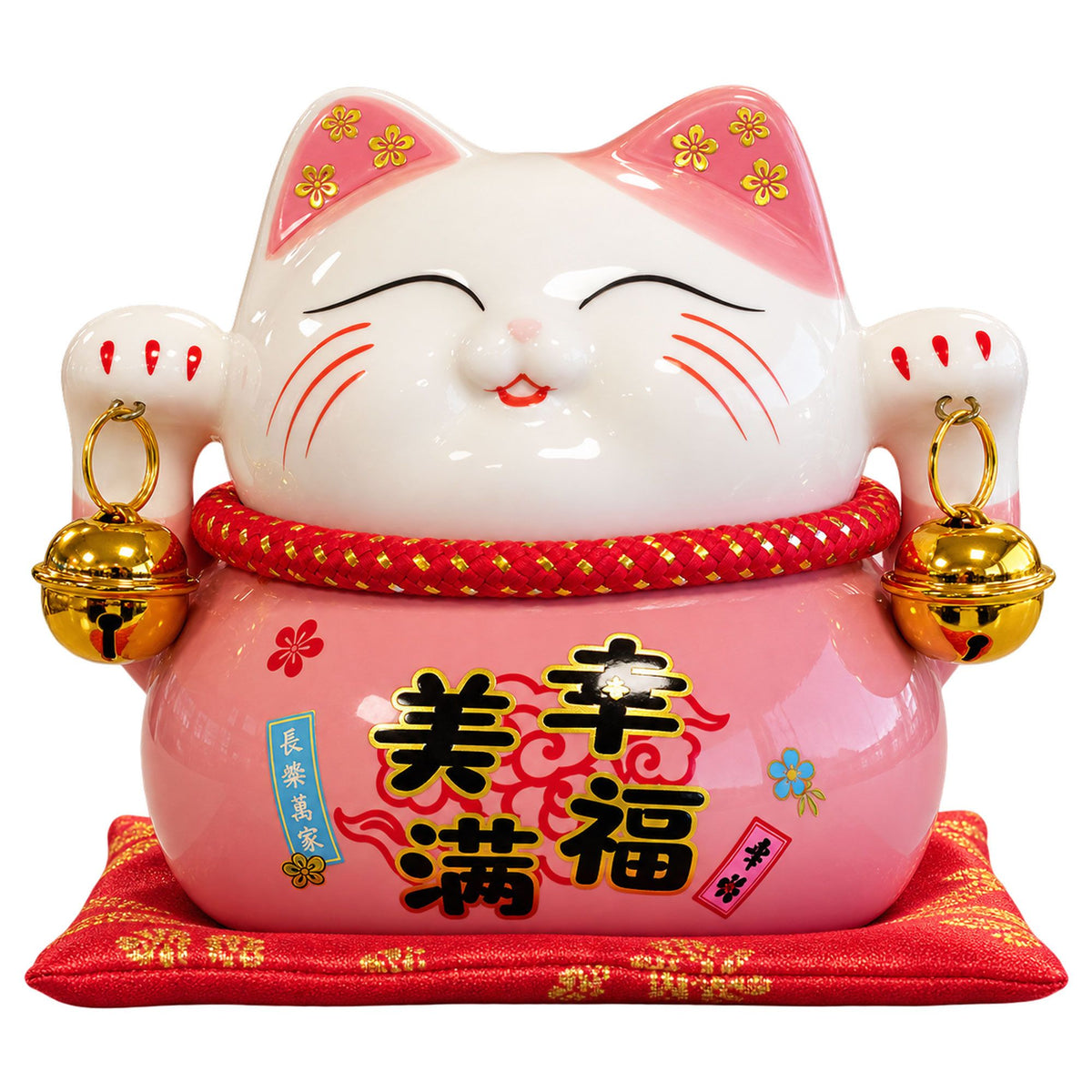 Ceramic Money Cat Bank - Pink on Cushion