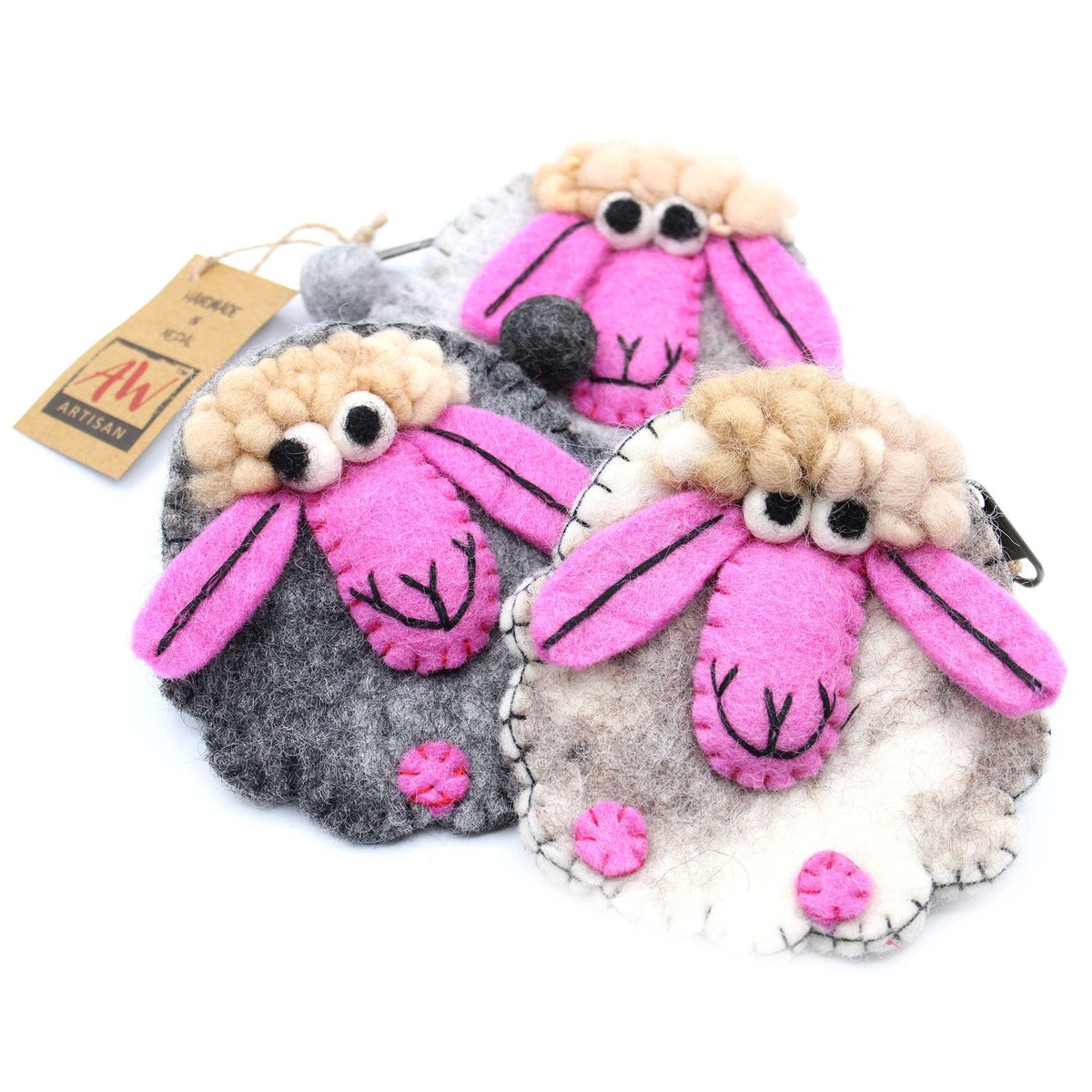 Natural Felt Zipper Pouches - Happy Sheep