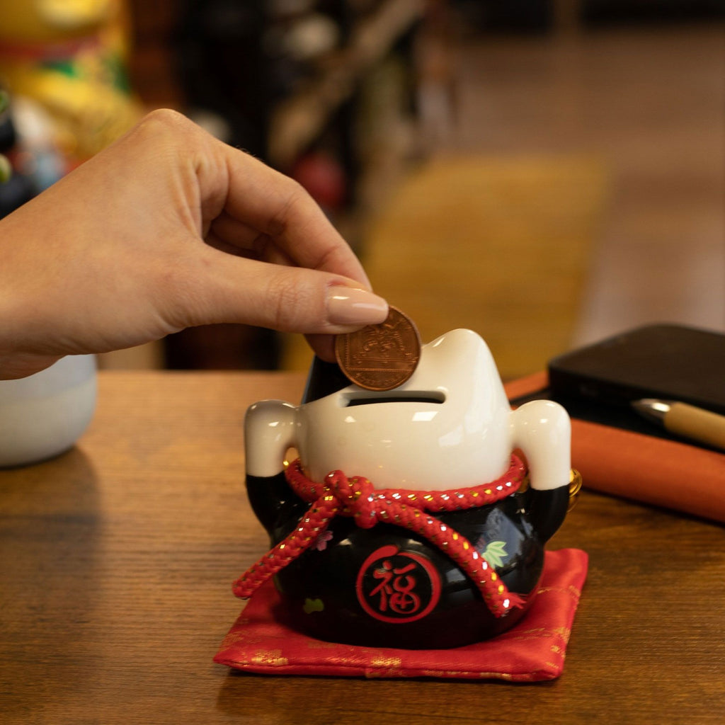 Ceramic Money Cat Bank - Black on Cushion
