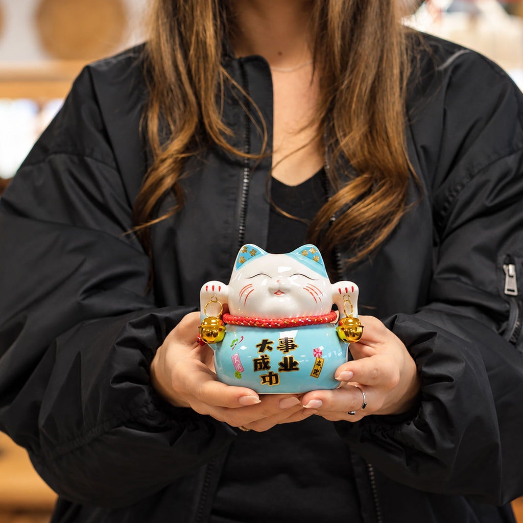 Ceramic Money Cat Bank - Blue on Cushion