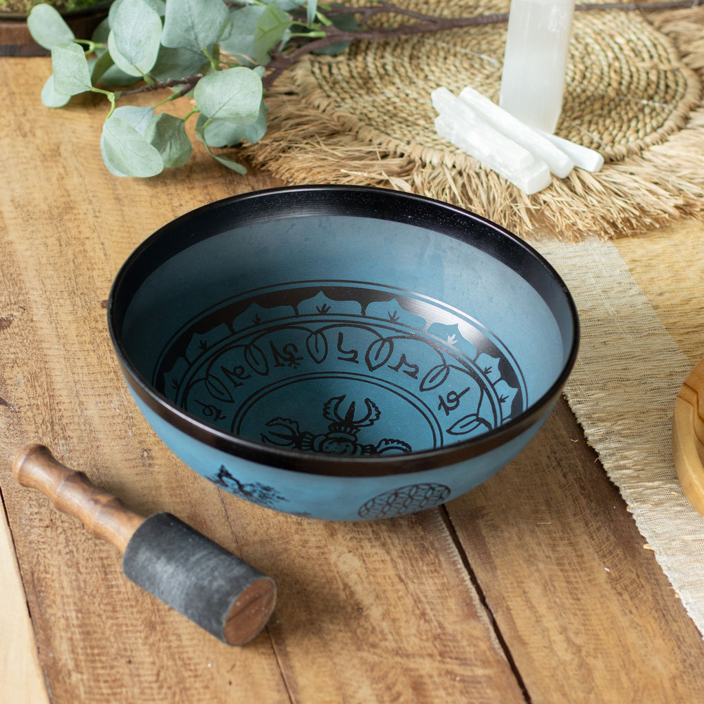 Large Aluminum Singing Bowl - Tibetan Double Dorjy Design - Blue (27cm) - Singing Bowls | Hearth & Amble
