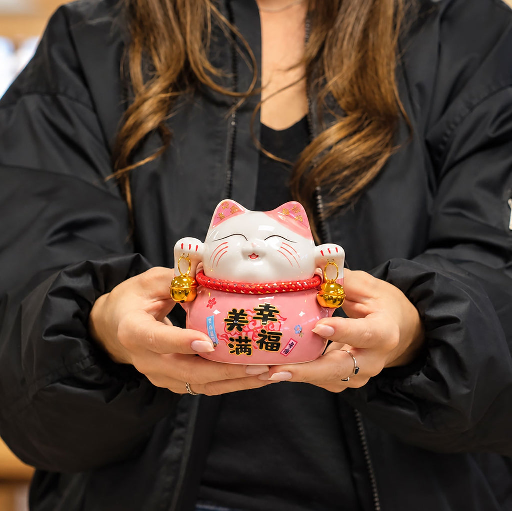 Ceramic Money Cat Bank - Pink on Cushion