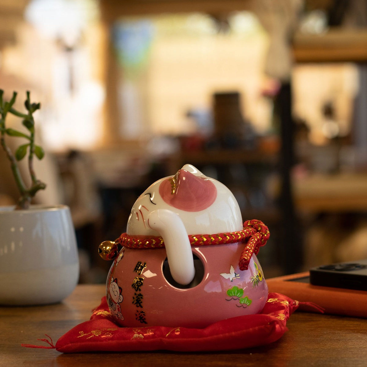 Ceramic Money Cat Moving Hand  - Pink on Cushion