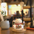 Solar Money Cat Wooden Base  - Blue moving Hand