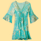 Nomad Sari Turquoise & Gold Coral Print Dress (L/XL)