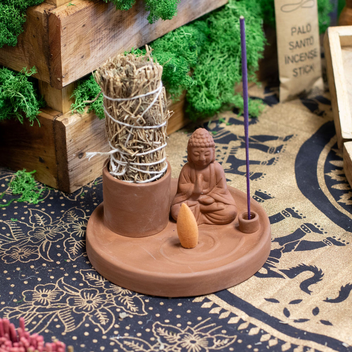 Multi Purpose Buddha Incense Plate - Natural Terracotta Style