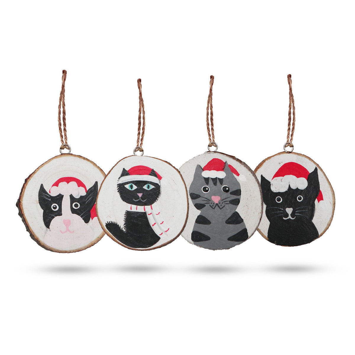 Christmas Cats - Hand Painted Log Xmas Decor (set 4) - Christmas Decorations | Hearth & Amble
