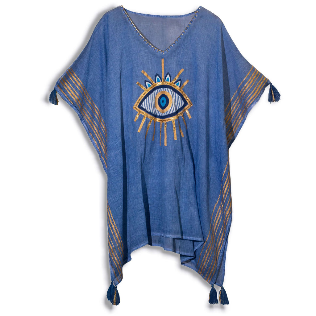 Nomad Sari Kaftan â€“ Rich Blue & Gold Evil Eye Print