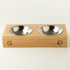 PAW Food Bowls - Double Stainless Steel in Wooden Stand - 2x12cm