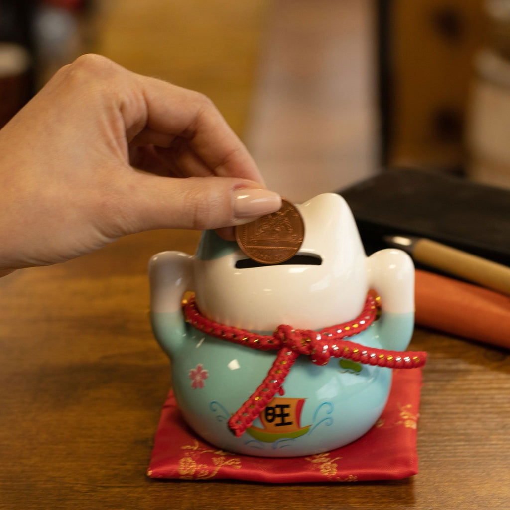 Ceramic Money Cat Bank - Blue on Cushion