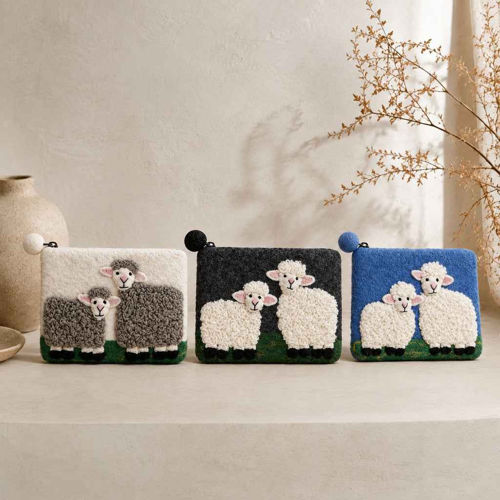 Natural Felt Zipper Pouches - Countryside Classic Sheep