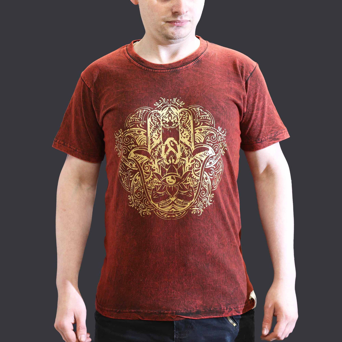 Nomad Sari Stonewashed Cotton T-Shirt â€“ Hamsa â€“ Maroon â€“ Small