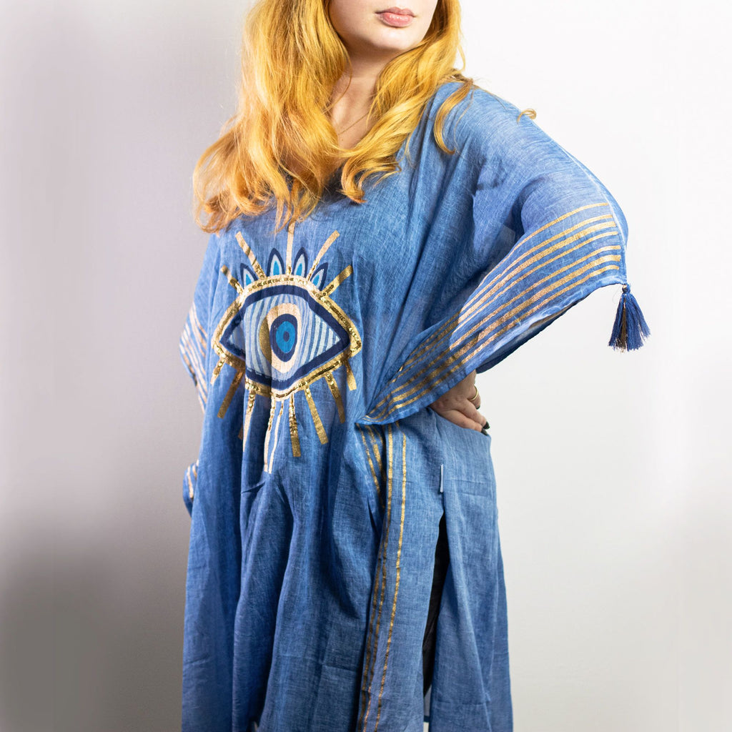 Nomad Sari Kaftan â€“ Rich Blue & Gold Evil Eye Print