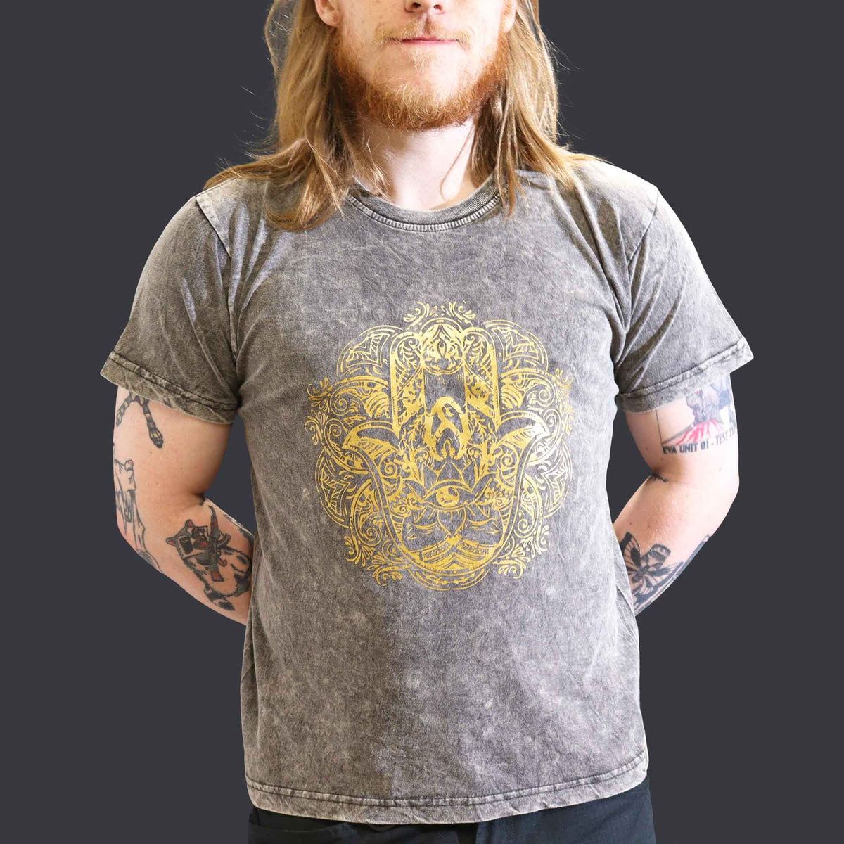 Nomad Sari Stonewashed Cotton T-Shirt â€“ Hamsa â€“ Dark Grey â€“ Large