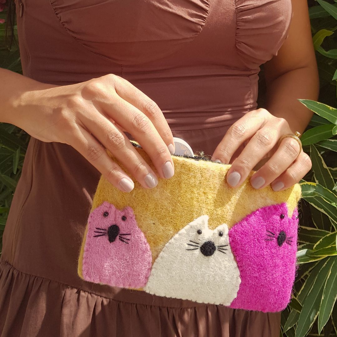 Natural Felt Zipper Pouches - Three Fat Cats