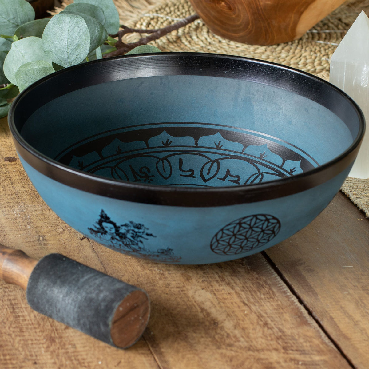 Large Aluminum Singing Bowl - Tibetan Double Dorjy Design - Blue (27cm) - Singing Bowls | Hearth & Amble