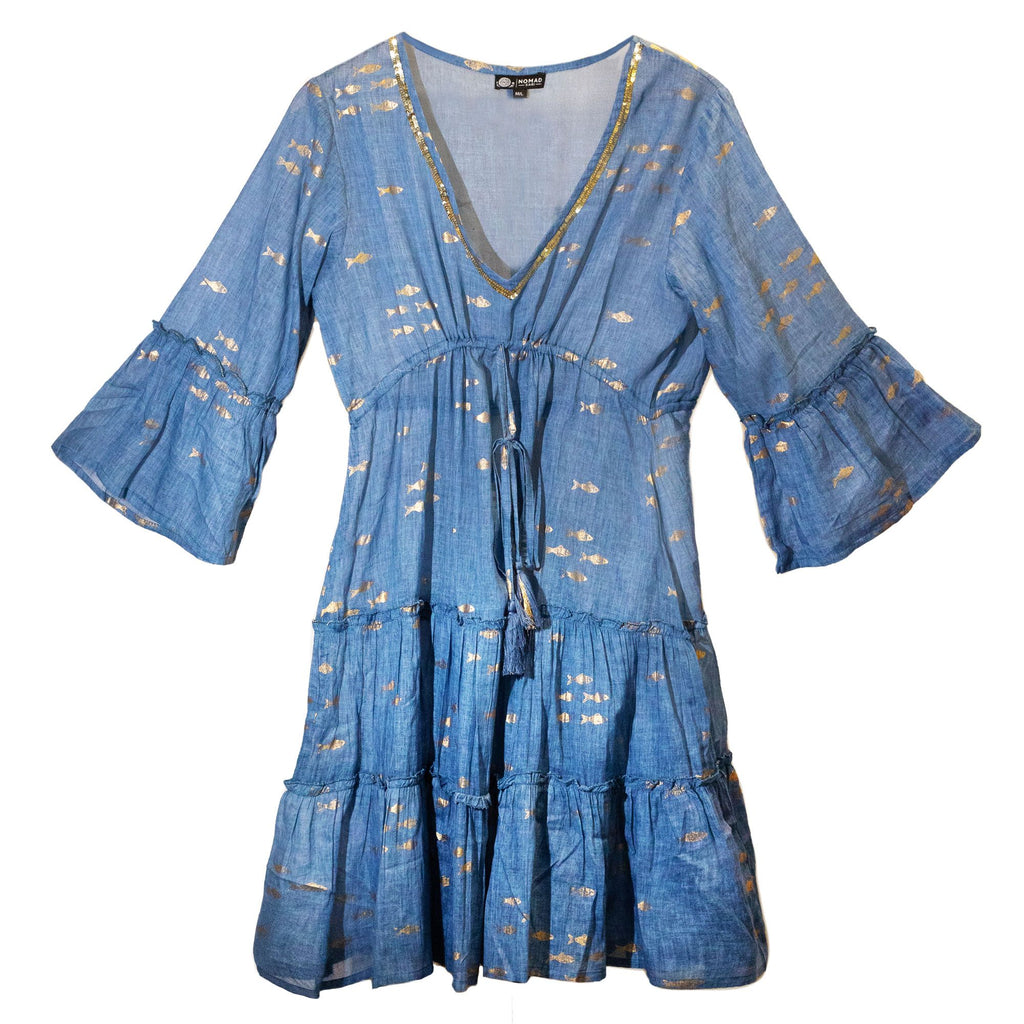 Nomad Sari Sea Blue & Gold Fish Print Dress (M/L)