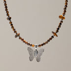 Nymph Tiger's Eye Gemstone Necklace with Real Leaf Butterfly Pendant