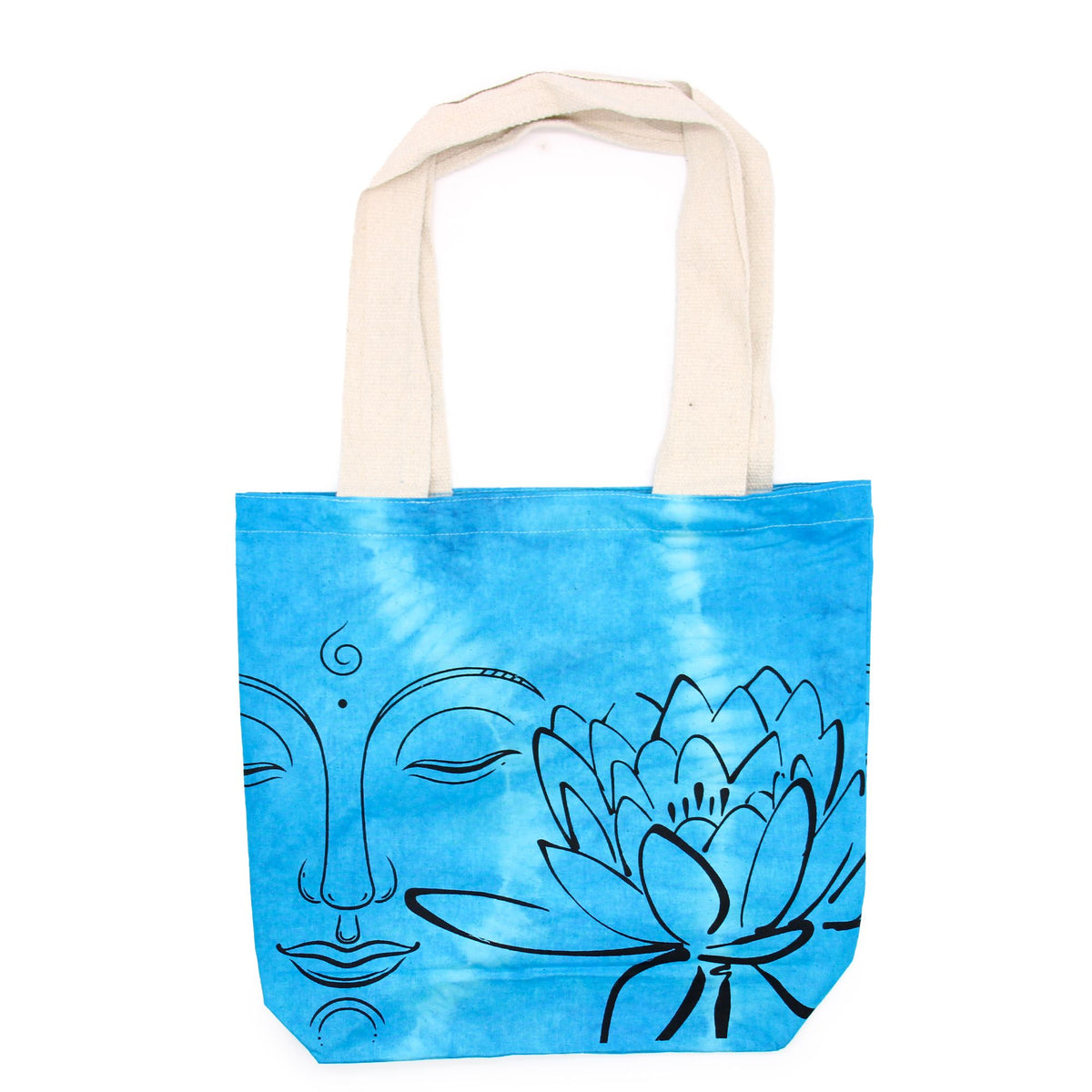 Tye-Dye Cotton Bag (6oz) - 38x42x12cm - Lotus Buddha - Blue - Natural Handle - Bags & Totes | Hearth & Amble