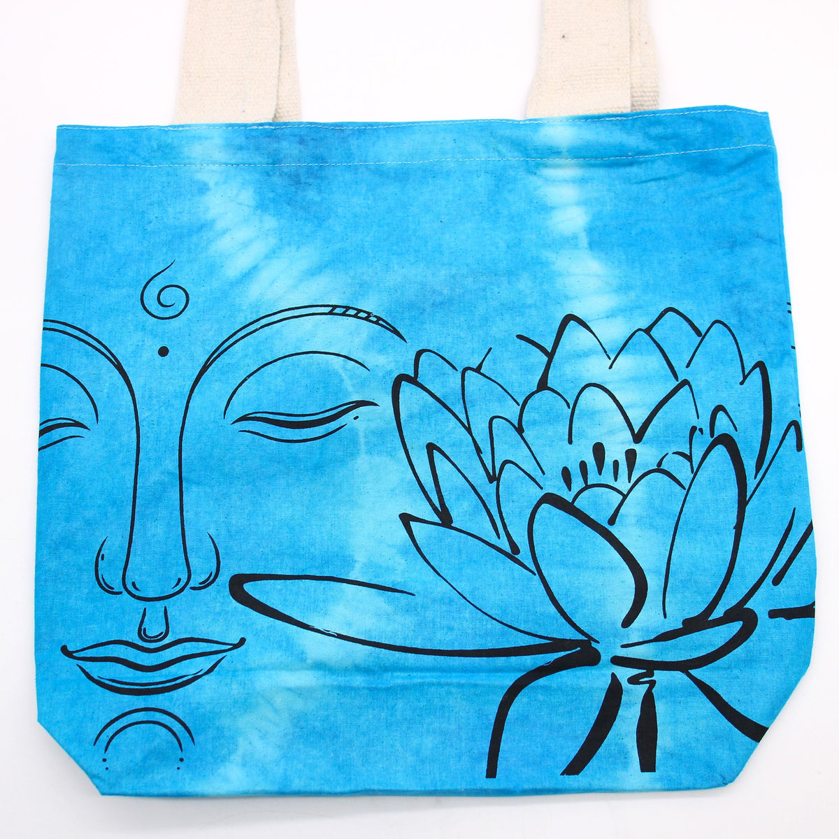 Tye-Dye Cotton Bag (6oz) - 38x42x12cm - Lotus Buddha - Blue - Natural Handle - Bags & Totes | Hearth & Amble