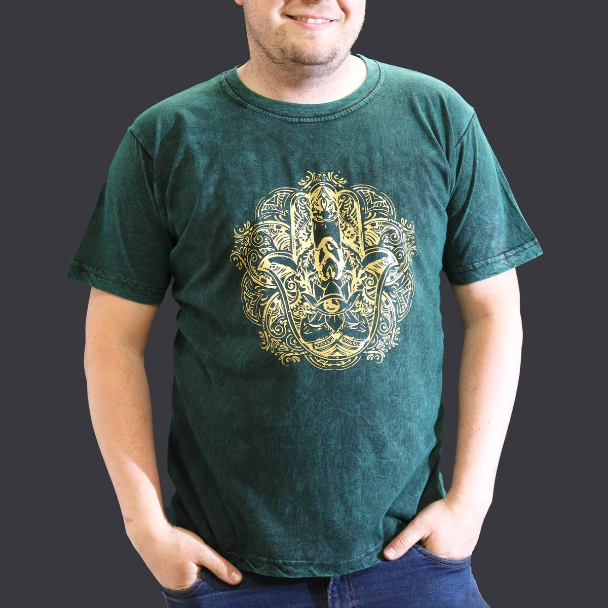 Nomad Sari Stonewashed Cotton T-Shirt â€“ Hamsa â€“ Green â€“ XL