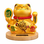 Solar Money Cat Wooden Base  - Gold moving Hand