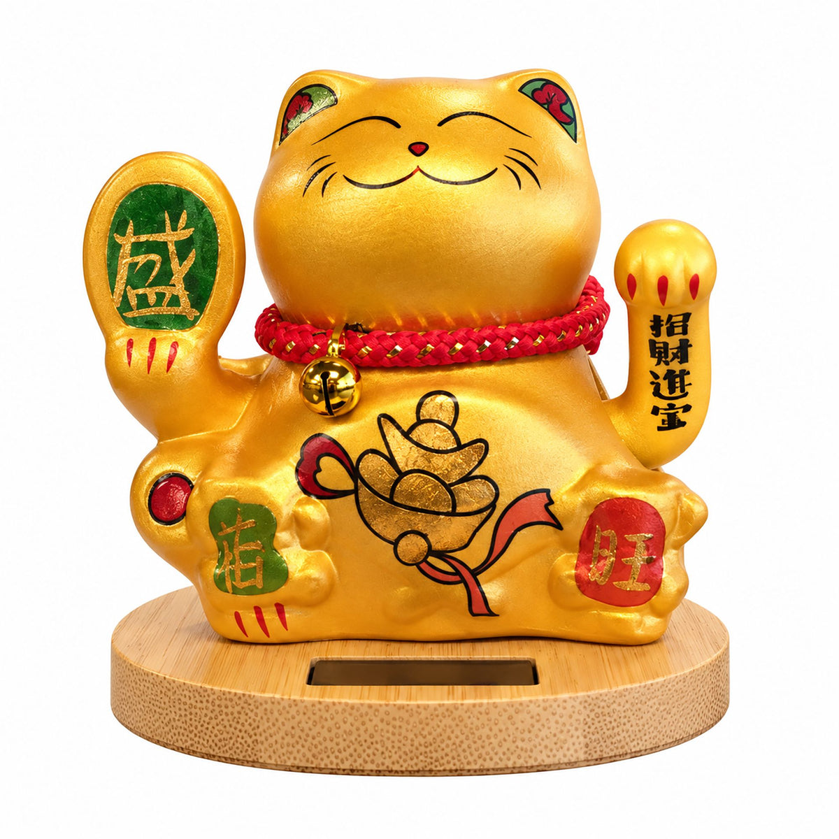 Solar Money Cat Wooden Base  - Gold moving Hand