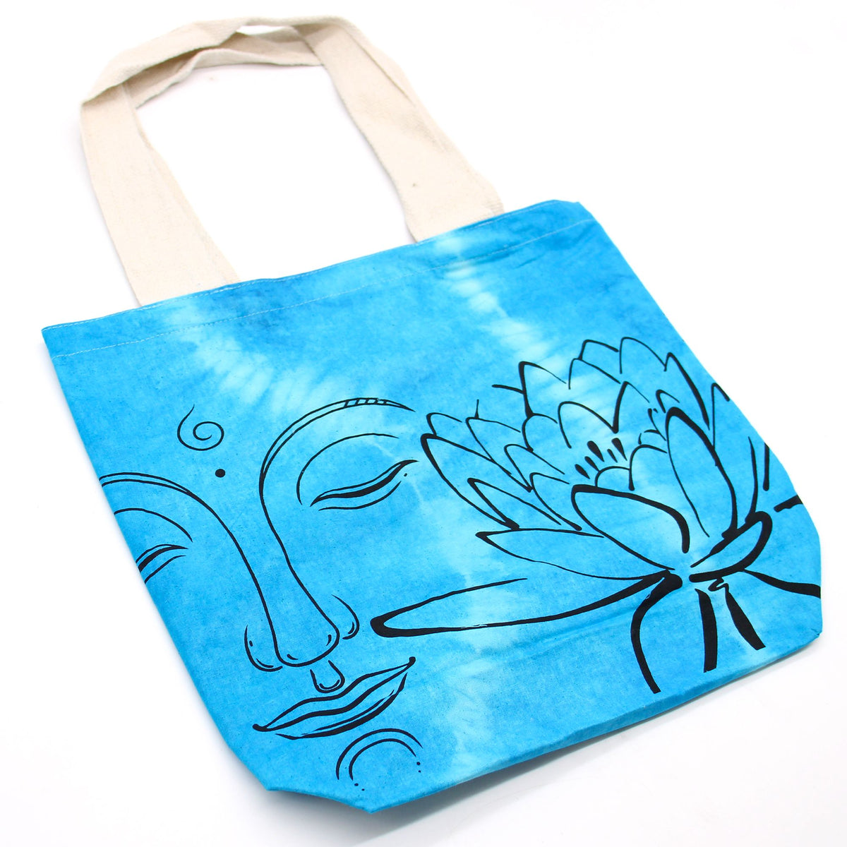Tye-Dye Cotton Bag (6oz) - 38x42x12cm - Lotus Buddha - Blue - Natural Handle - Bags & Totes | Hearth & Amble