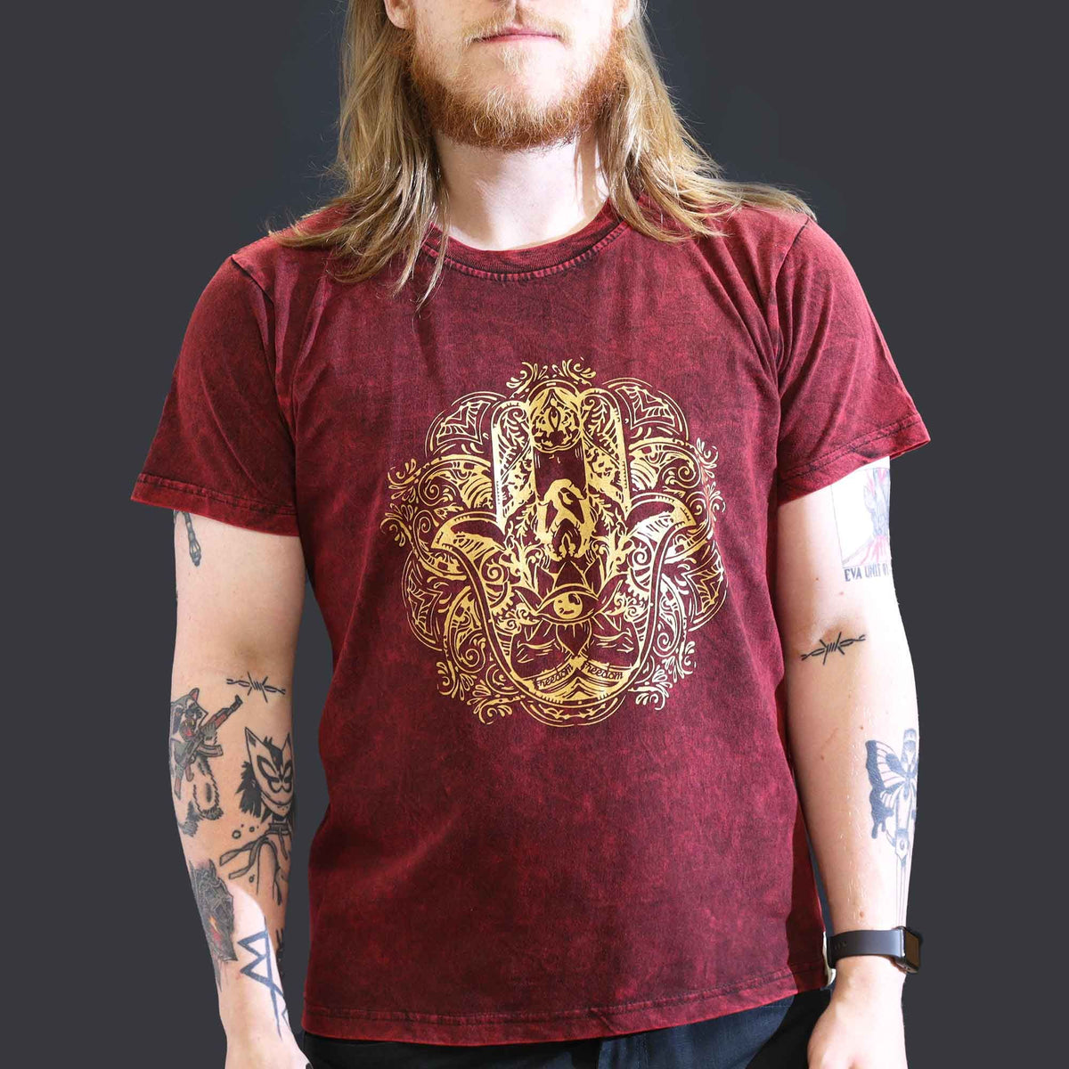 Nomad Sari Stonewashed Cotton T-Shirt â€“ Hamsa â€“ Maroon â€“ Large