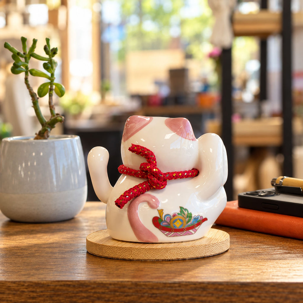 Solar Money Cat Wooden Base  - Pink moving Hand